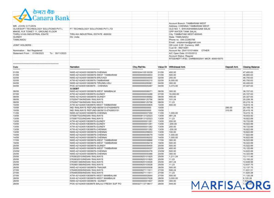 Downloadable India Canara Bank statement word 3 pages example